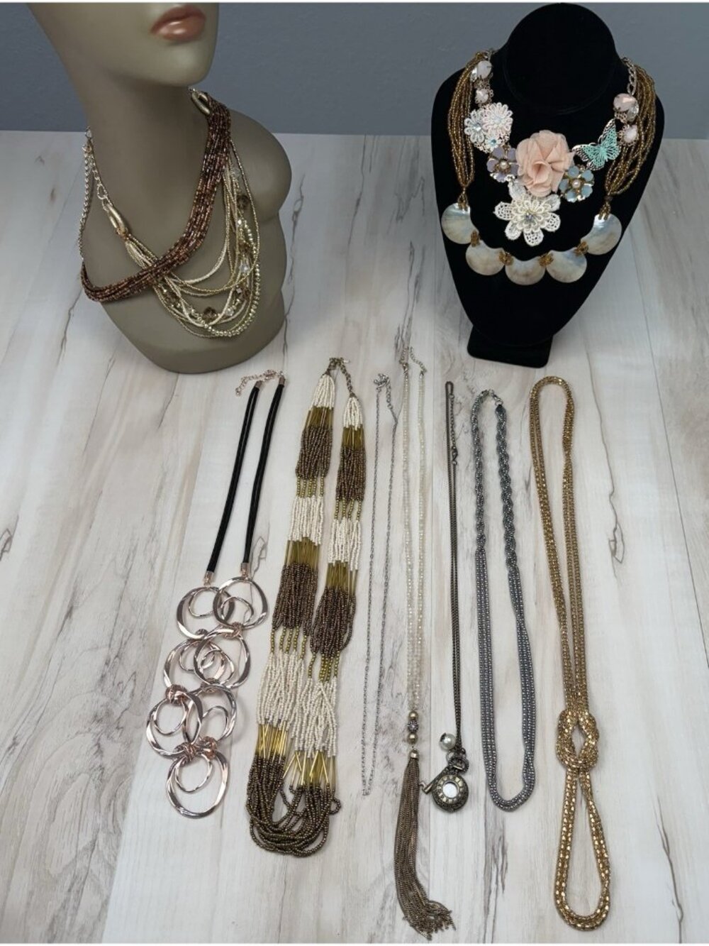 VTG to Modern Lot 11 Assorted Goldtone Statement NECKLACES Beaded Metal Chunky